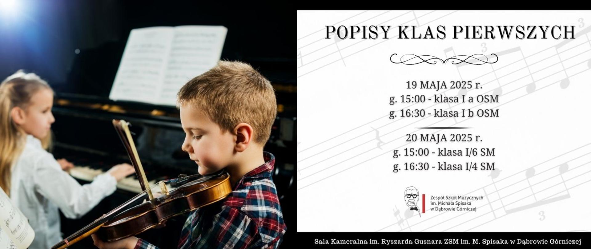 Dwójka dzieci podczas występu na scenie. Chłopiec grający na skrzypcach, dziewczynka akompaniuje grając na fortepianie.