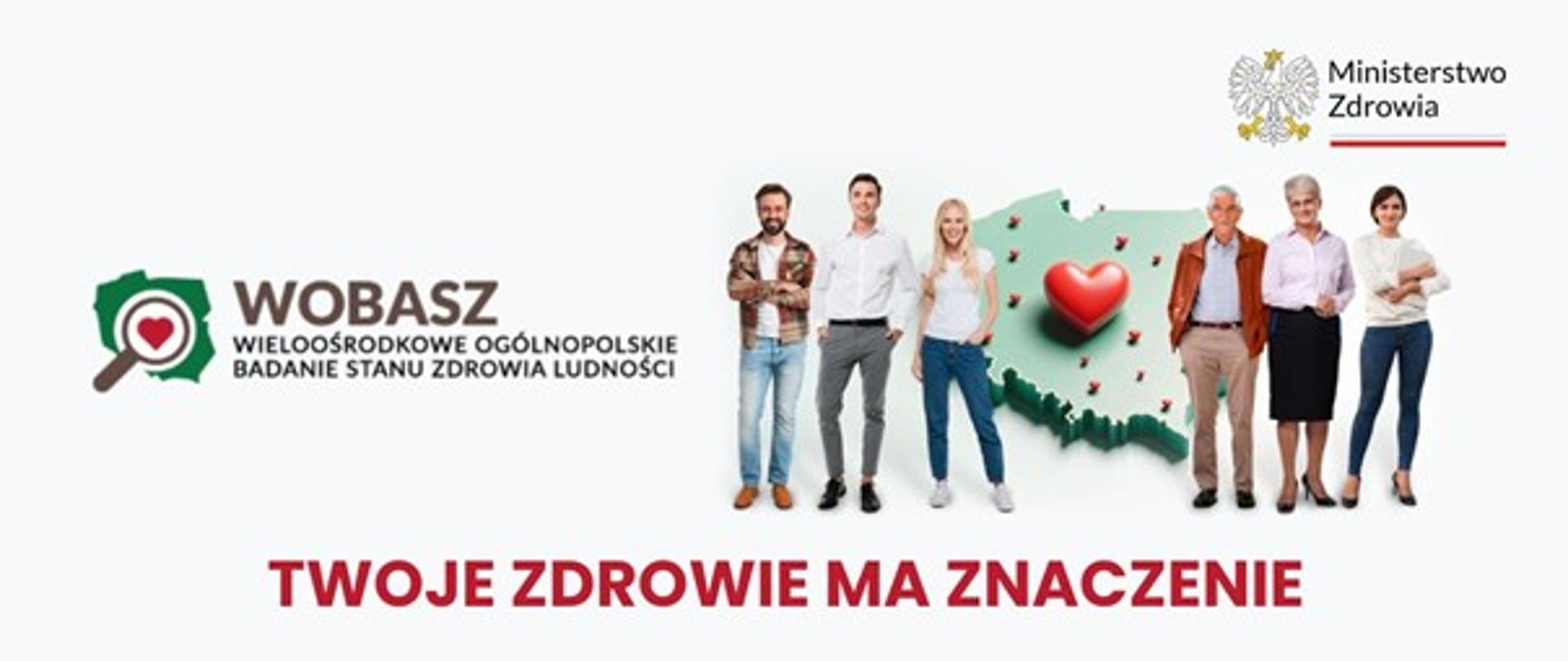 Na tle zielonej mapy Polski stoi 6 osób w różnym wieku, w dwóch grupach Na zdjęciu widnieje także napis WOBASZ Wieloośrodkowe Ogólnopolskie Badanie Stanu Zdrowia Ludności oraz TWOJE ZDROWIE MA ZNACZENIE.