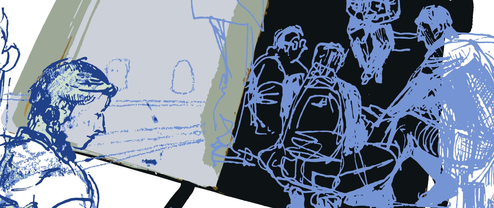 Grafika pełni funkcję informacyjną. U góry mamy napisy: "DNI OTWARTE" w PLSP im. Antoniego Kenara w Zakopanem" plus data wydarzenia: 17 kwietnia 2024 roku. W prawym górnym rogu umieszczono dodatkową wiadomość dla zainteresowanych: Wybierz Specjalizację: Projektowanie Ubioru, Tkanina Artystyczna, Snycerstwo, Meblarstwo Artystyczne, Lutnictwo Artystyczne, Projektowanie Graficzne. Poniżej napisów w lewym górnym rogu znajduje się pegaz - logo szkoły. Na środku grafiki widzimy otwarty szkicownik. Lewa strona szkicownika jest szara, prawa strona czarna. Ze szkicownika wyłaniają się narysowane w kolorze błękitu postacie uczniów. W górnej części szkicownika widzimy siedzącego ptaszka na gzymsie. W lewym dolnym rogu widzimy narysowaną w kolorze błękitu siedzącą uczennicę, która rysuje w szkicowniku. Po prawej stronie na dole umieszczone są napisy: "skontaktuj się z nami". Podany jest numer telefonu do sekretariatu szkoły 18 20 124 63, e-mail: sekretariat@plsp-zakopane.pl oraz strona internetowa szkoły: www.gov.pl/web/plastykzakopane oraz napis "STRUG - główna siedziba szkoły, ul. Kościeliska 35, "MARATON" - druga siedziba szkoły, ul. Sienkiewicza 27