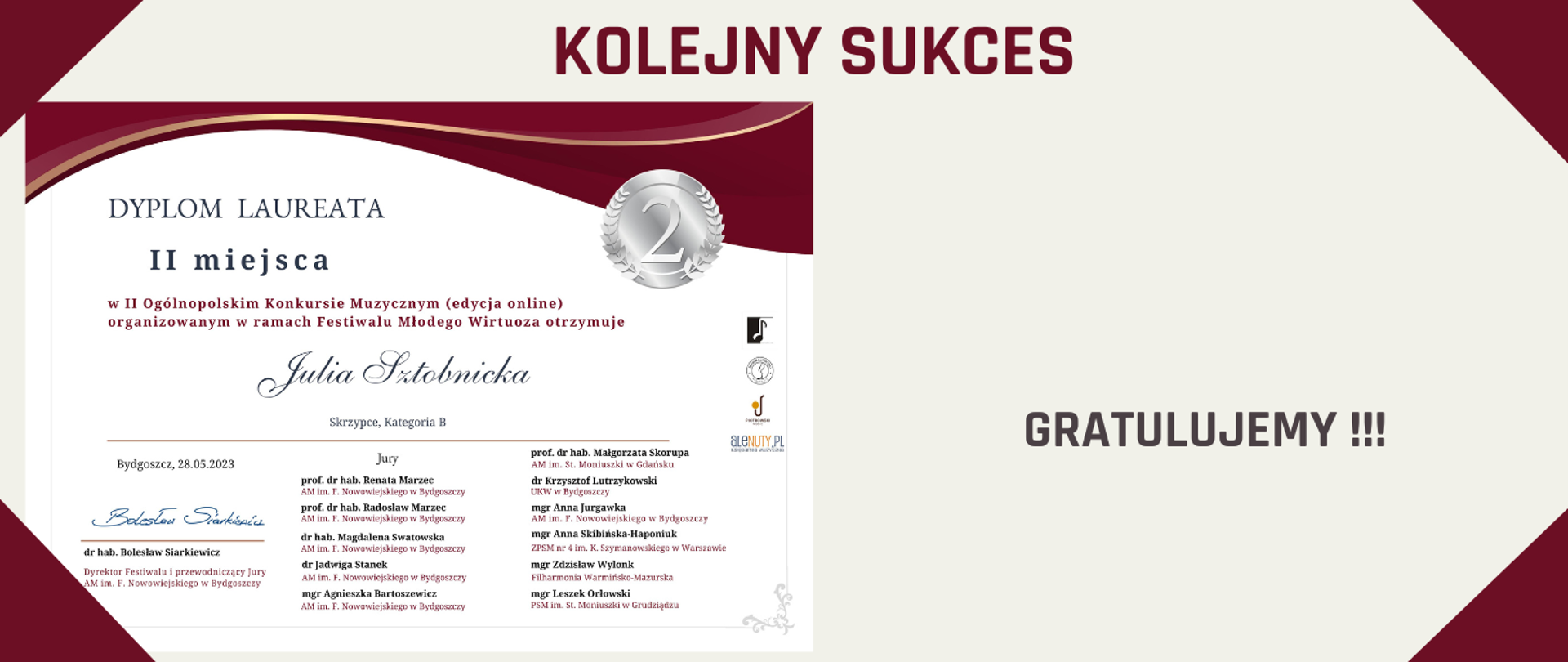 Po lewej stronie zamieszczone jest dyplom Julii Sztobnickiej za zajęcie 2 miejsca. 