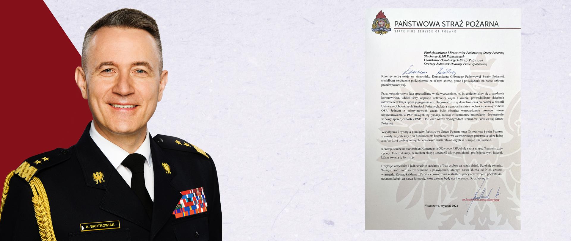 Grafika zawiera zdjęcie gen. brygadiera Andrzeja Bartkowiaka oraz skan listu. 