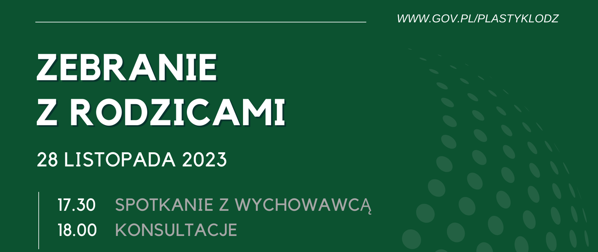 Wielobarwna grafika informująca o terminie zebrania z rodzicami: 28 listopada 2023, 17.30, konsultacje 18.00