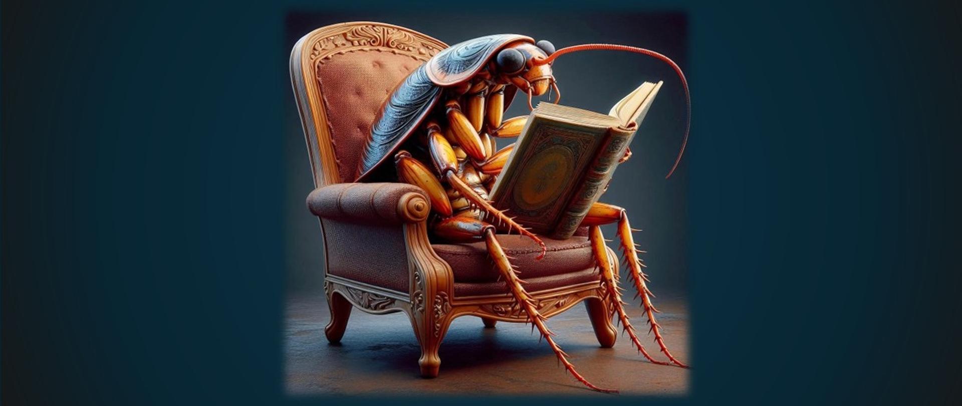 Karaluch w fotelu czyta książkę