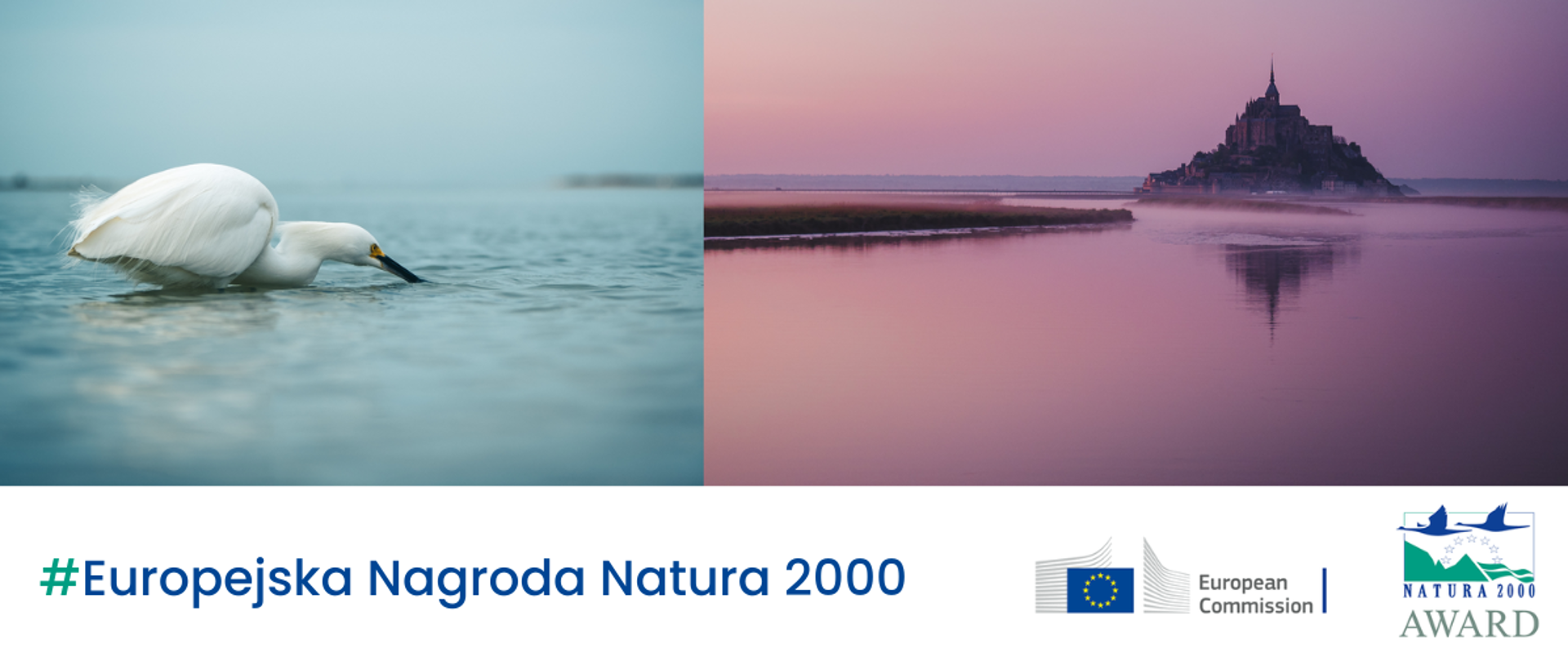 Dwa zdjęcia - po lewej stronie biały ptak na wodzie, po prawej w oddali wyspa z budowlą. W dolnej części logotypy i napis Europejska Nagroda Natura 2000
