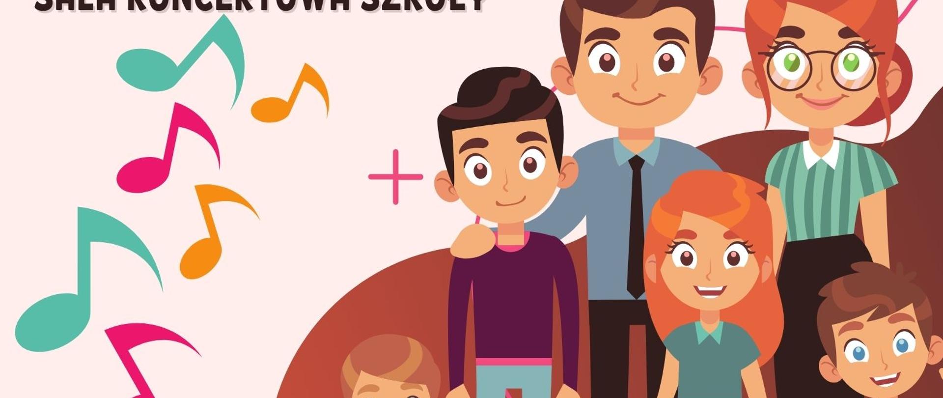 Plakat graficzny - Koncert z okazji Dnia Matki i Dnia Ojca 26.05.2023, na dole rodzice z grupą 4 dzieci trzymają się za ręce, po lewej kolorowe nutki, napisy wielokolorowe