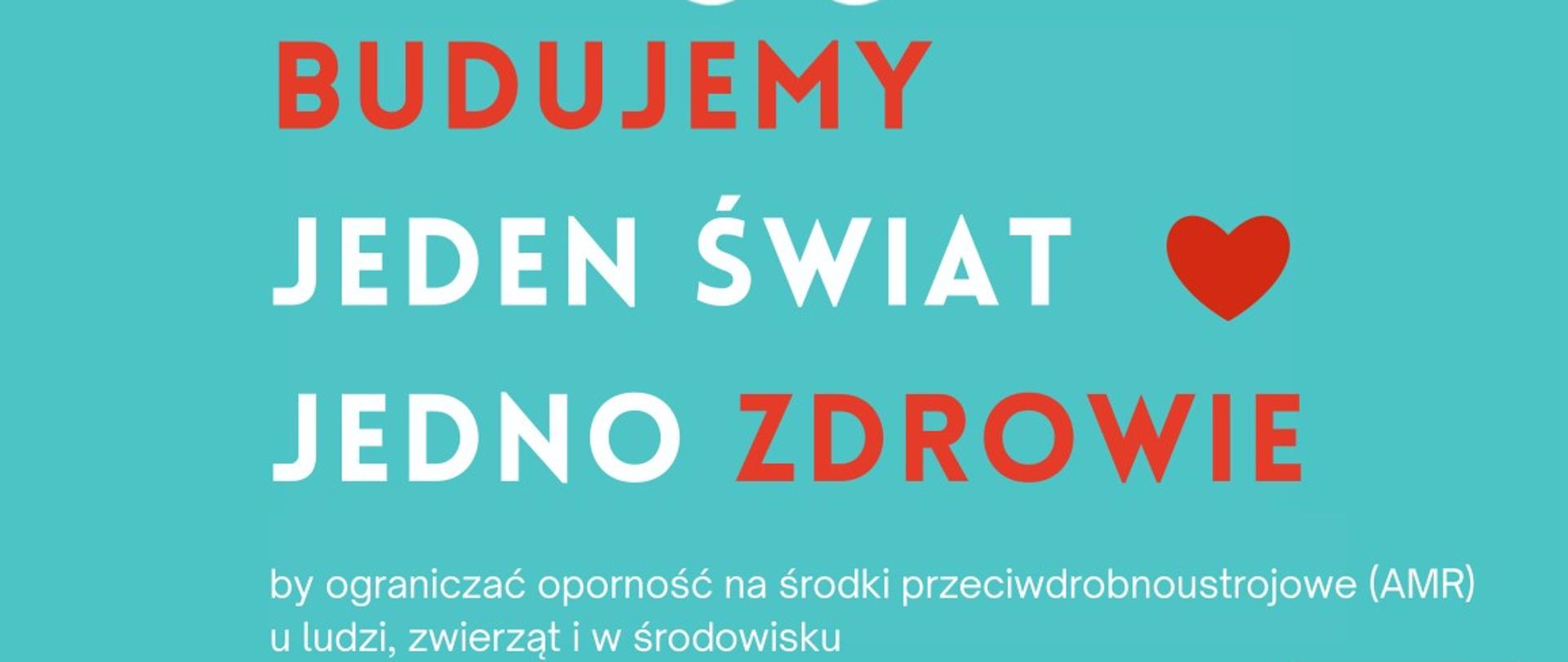 Budujemy jeden świat i jedno zdrowie. Tekst na niebieskim tle z serduszkami.