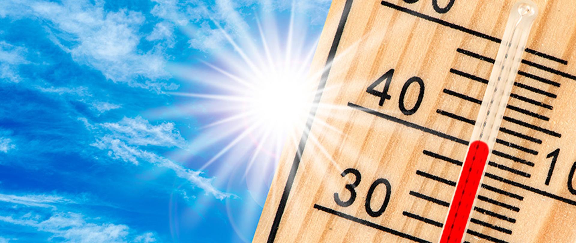 Zdjęcie przedstawia termometr wskazujący wysokie temperatury
