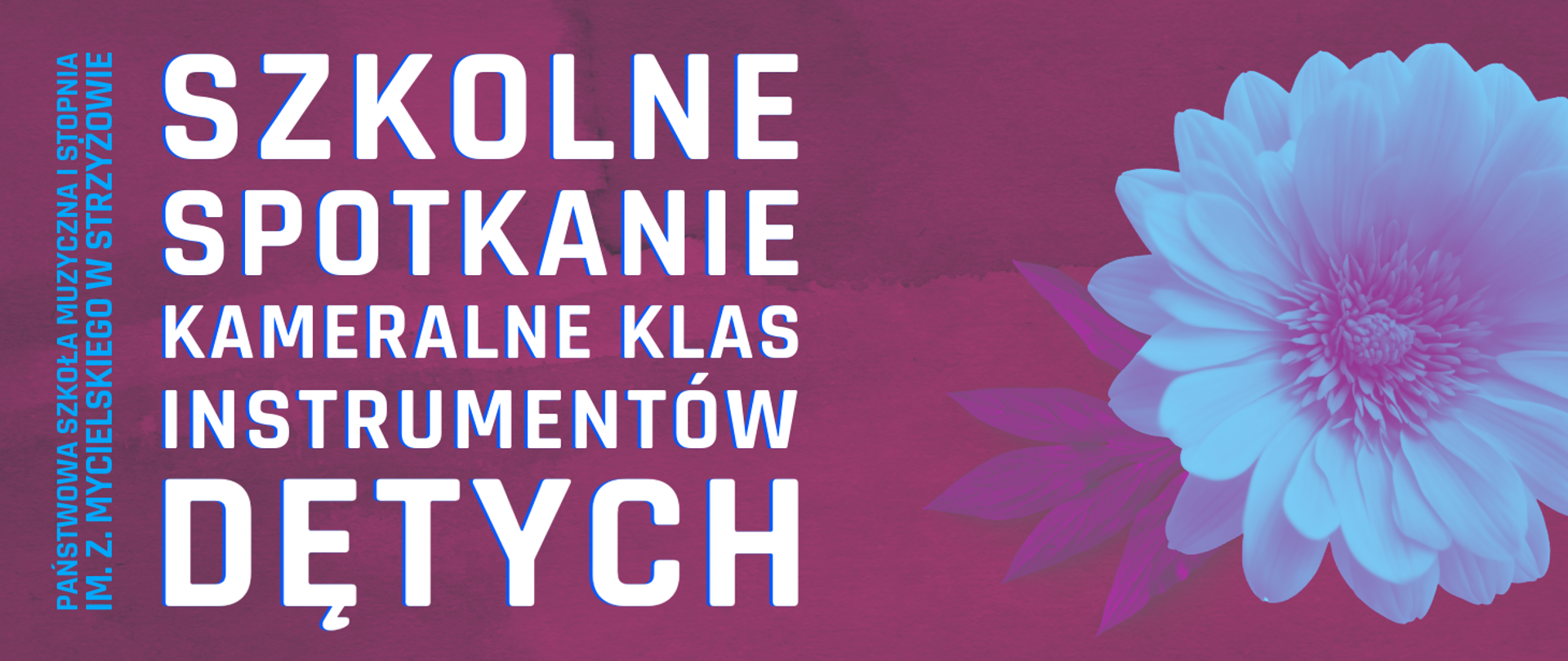Baner w kolorze fioletowym z dużym kwiatem po prawej stronie. Z lewej strony duży napis „Szkolne spotkanie kameralne klas instrumentów dętych” sformatowany na kształt prostokąta. Obok, z lewej strony kolejny napis – jednak w orientacji pionowej i niebieskim kolorze „Państwowa Szkoła Muzyczna I stopnia im. Z. Mycielskiego w Strzyżowie”.