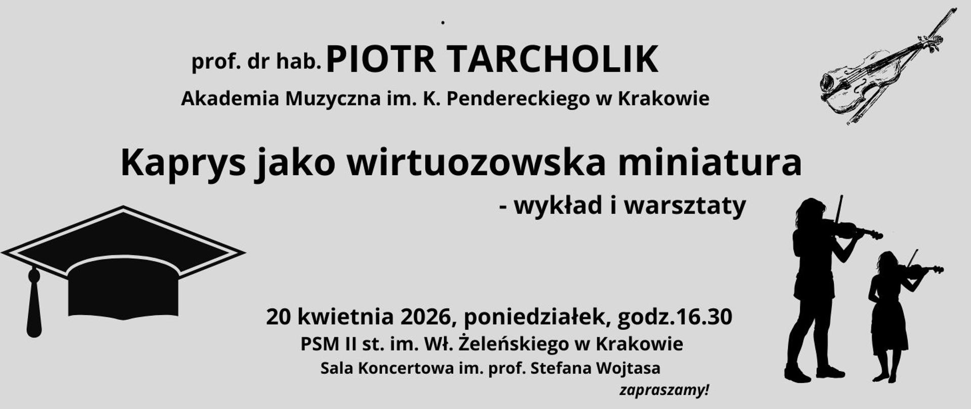 na szarym tle po prawej i lewej stronie obrazki czapki studenckiej, grających na skrzypcach ludzi i skrzypiec, na środku czarne napisy informujące o wydarzeniu
