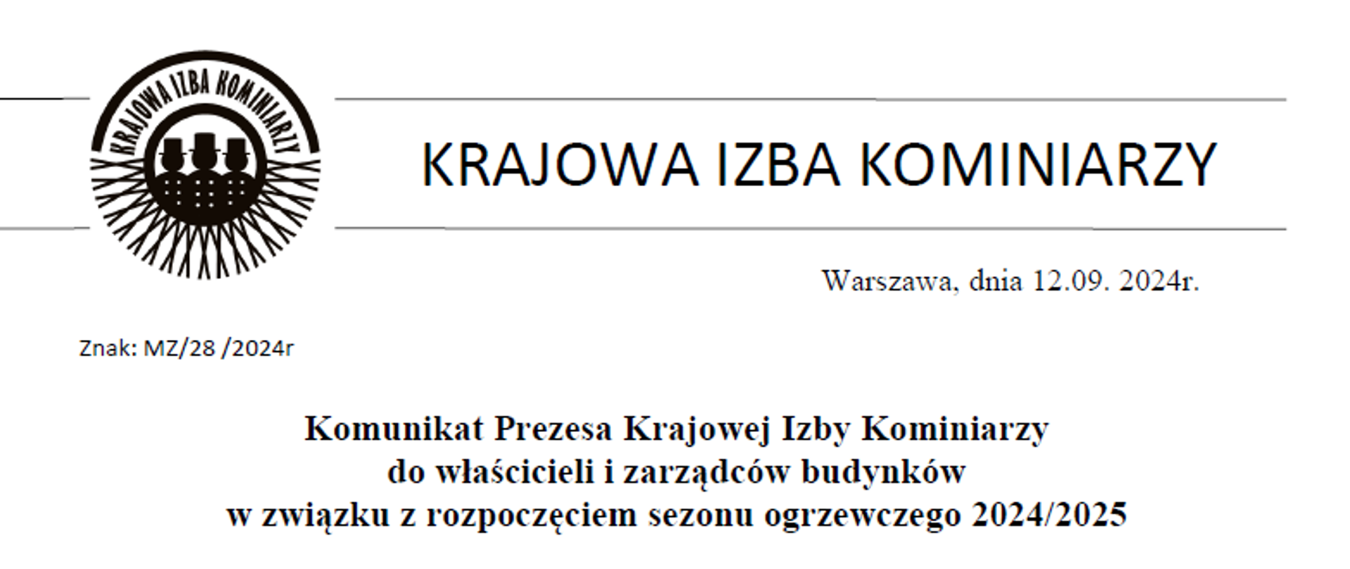 Komunikat Prezesa Krajowej Izby Kominiarzy
