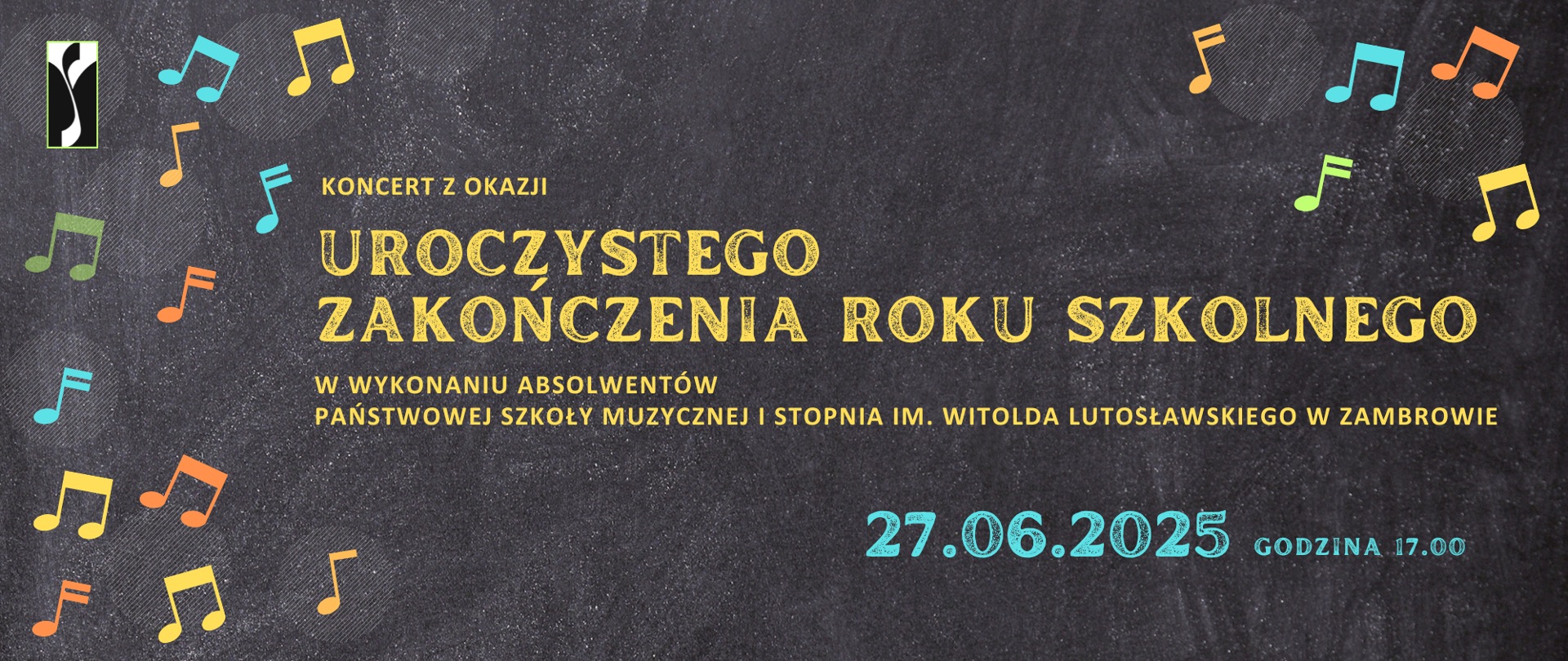 Tło poziomego plakatu przypomina źle wytartą tablicę szkolną, na której po przeciwległych stronach - lewej i prawej - umieszczone są kolorowe nutki. W prawym górnym rogu plakatu umieszczono logo szkoły. W centralnej części przedstawiono jasną czcionką drukowaną nazwę koncertu oraz mniejszą czcionką informację o wykonawcach. W prawym dolnym rogu umieszczono niebieską czcionką umieszczono datę i godzinę koncertu.