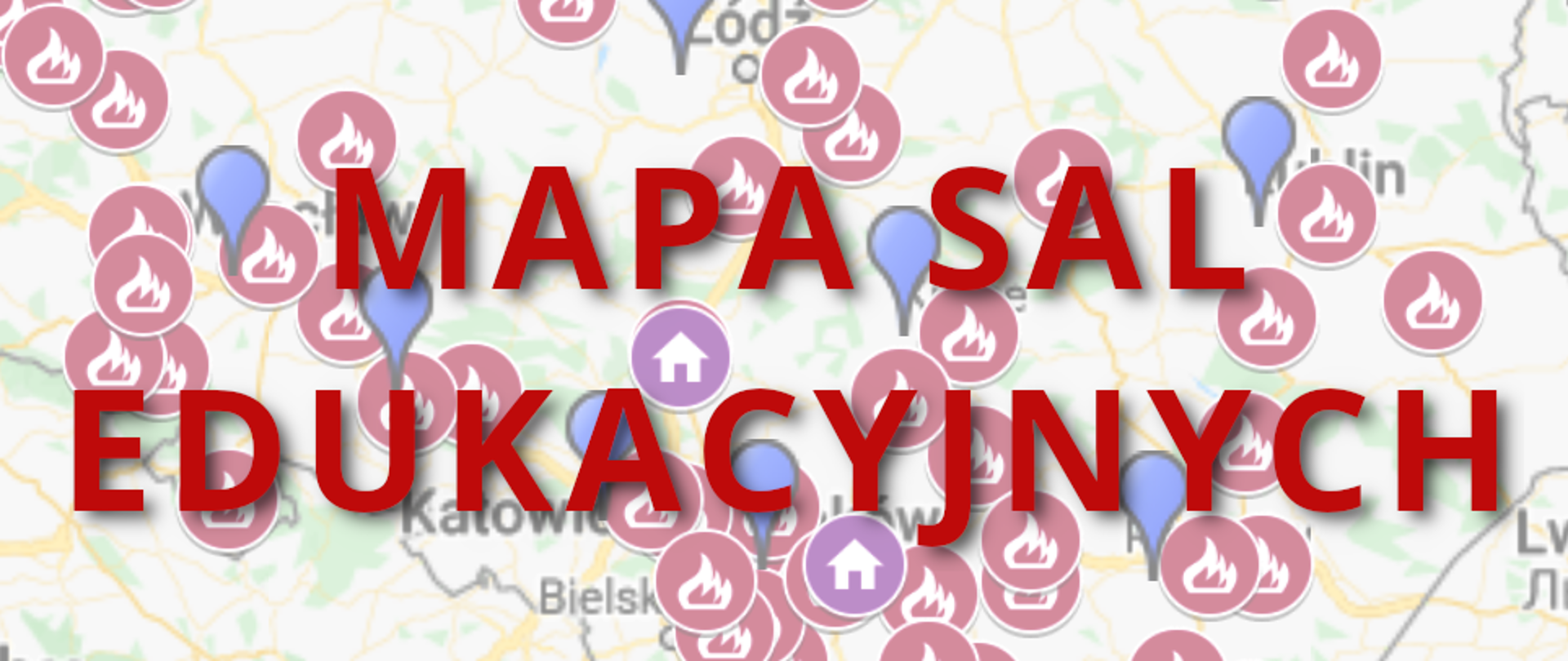 Ilustracja przedstawia w tle fragment mapy Polski z zaznaczonymi na niej lokalizacjami sal edukacyjnych, a na pierwszym planie duży czerwony napis mapa sal edukacyjnych