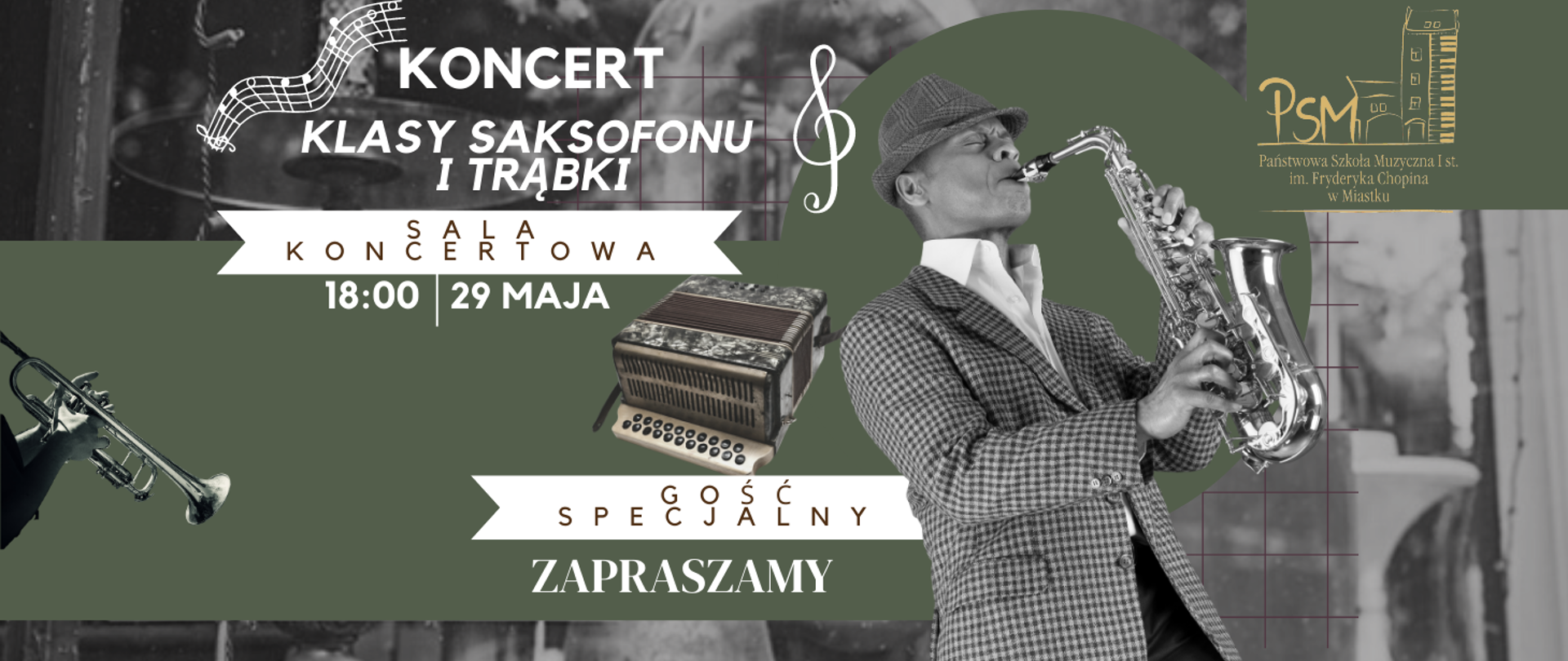 Grafika informująca o koncercie uczniów klas saksofonu i trąbki, który odbędzie się 29 maja 2023 r. o godz. 18:00 w sali koncertowej naszej szkoły.
