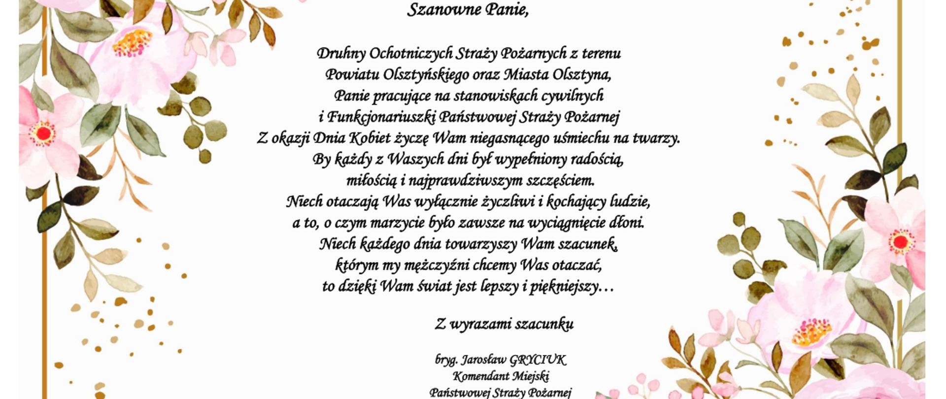 Życzenia Komendanta Miejskiego PSP w Olsztynie z okazji Dnia Kobiet