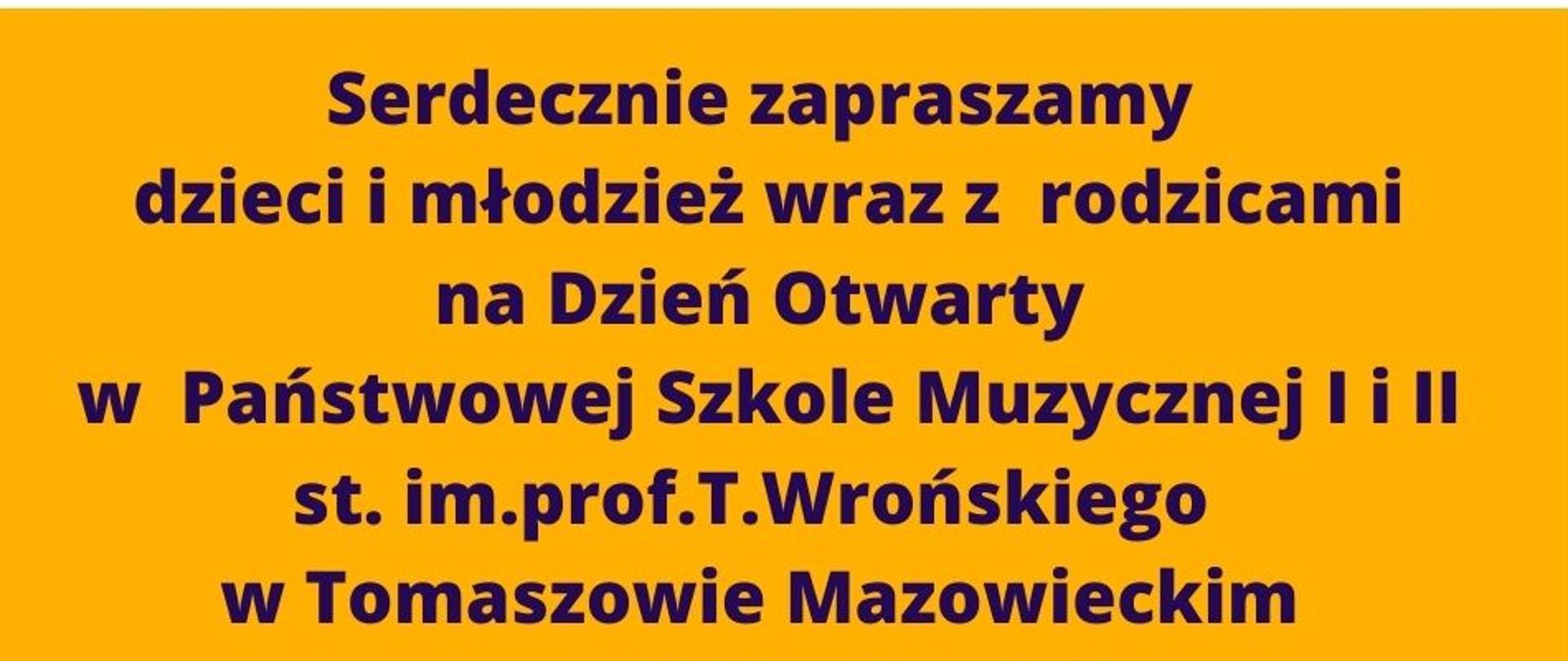 U góry zdjęcia na pomarańczowym tle umieszczono napis zapraszający na dni otwarte w Państwowej Szkole Muzycznej. W środkowej części na białym tle zamieszczono terminy dni otwartych oraz ich harmonogram. W dolnej części zdjęcia na pomarańczowym tle widnieje grafika przedstawiająca pięciolinie z nutami.