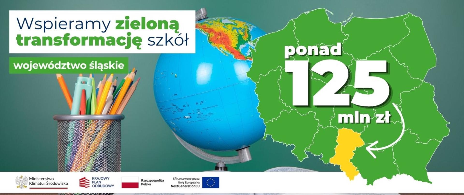 Na banerze po lewej stronie widnieje napis: Wspieramy zieloną transformację szkół województwo śląskie. Po prawej stronie widoczna jest mapa Polski z zaznaczonym na żółto woj. śląskim i napisem ponad 125 mln zł.