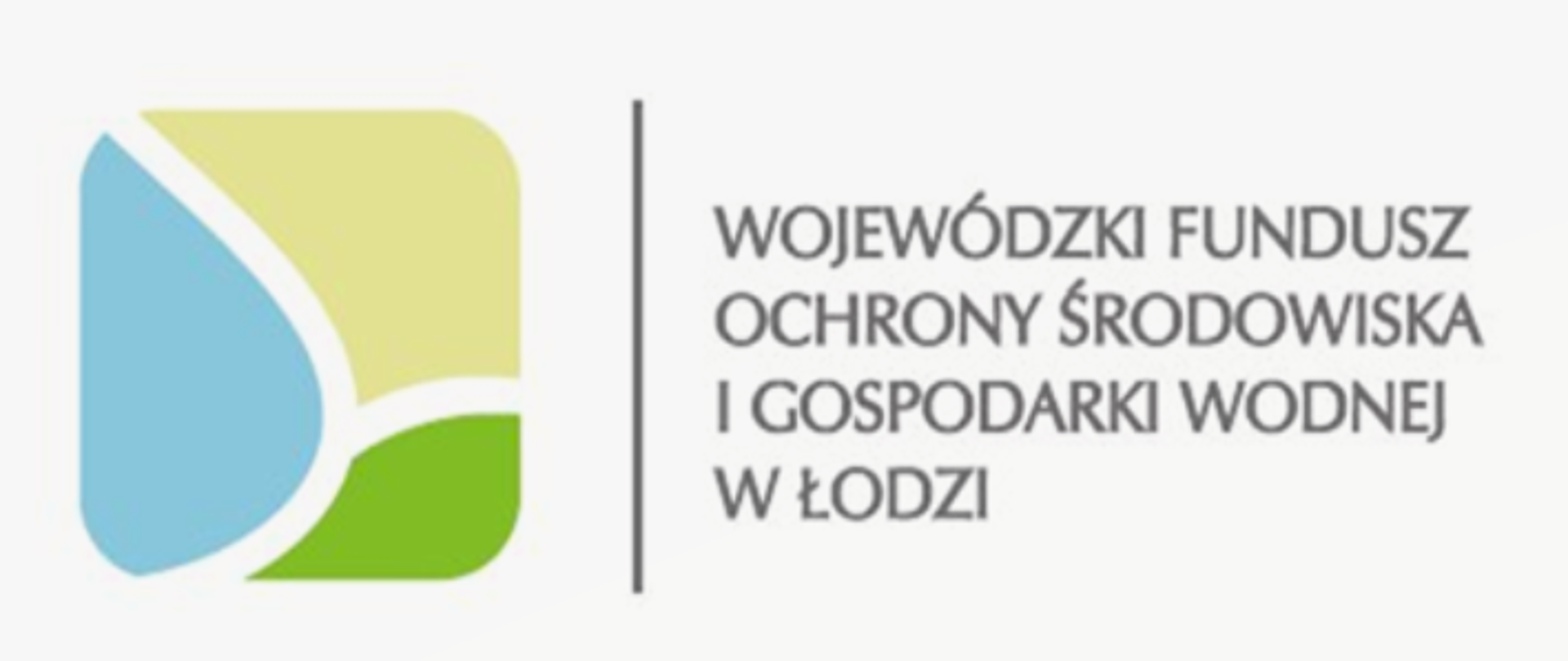 Na białym tle po lewej stronie znajduje się logo w formie kwadratu z zaokrąglonymi rogami w kolorach niebiski, żółty i zielony oraz z białą linią, która rozdziela te trzy kolory od siebie. Po prawej stronie od kwadratu znajduje się pionowa linia, a za nią napis Wojewódzki Fundusz Ochrony Środowiska i Gospodarki Wodnej w Łodzi.