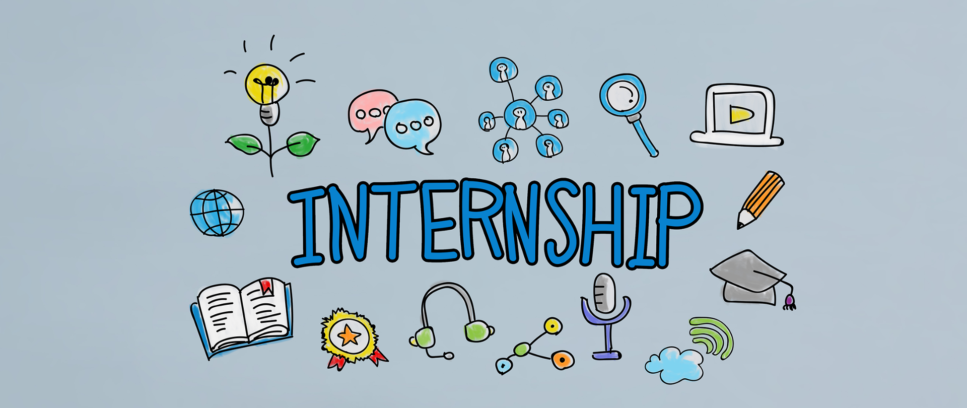 Grafika komiksowa - na środku napis "Internship" a dookoła różne narysowane rzeczy (np. książka, globus, lupa, mikrofon)