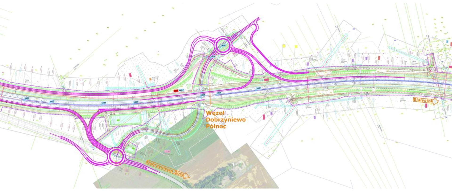 Plan projektowy węzła drogowego Dobrzyniewo Północ w okolicach Białegostoku, z zaznaczonymi trasami głównymi, łącznicami i rondami w kolorze fioletowym, na tle mapy terenu.