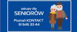 rysunek uśmiechniętej pary osób starszych , obok informacje dotyczące zakupów dla seniorów 