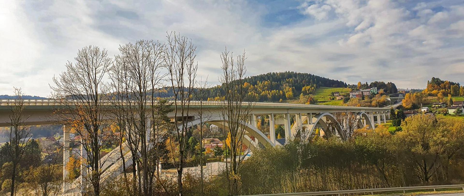 Panoramiczne zdjęcie z poziomu terenu obrazujące estakadę łukową w Milówce na tyle gór. Na horyzoncie widoczne góry porośnięte lasem mieszanym. Drzewa liściaste w kolorach jesieni. Przed obiektem widoczne drzewa z opadniętymi liśćmi.