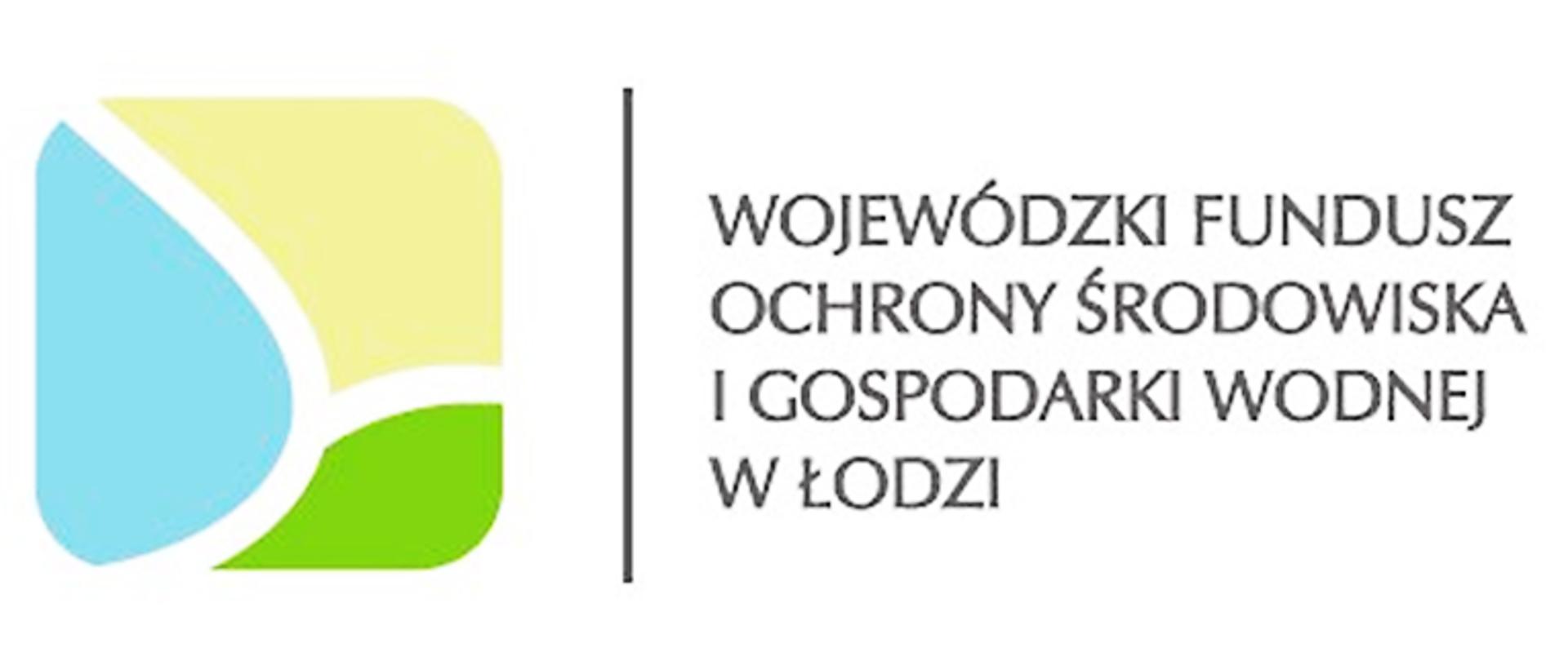 Logo przedstawiające napis Wojewódzki Fundusz Ochrony Środowiska i Gospodarki Wodnej w Łodzi, po lewej stronie napisu grafika w postaci trzech brył o nieokreślonym kształcie barwy żółtej, błękitnej i zielonej, pomiędzy grafika a napisem pionowa linia barwy czarnej