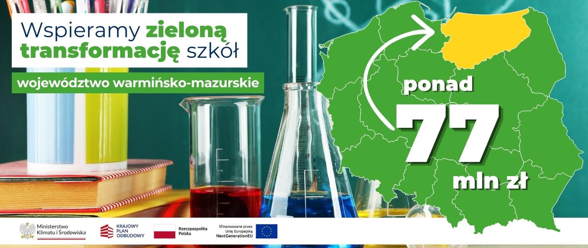 na banerze po lewej stronie widnieje napis: Wspieramy zieloną transformację szkół województwo warmińsko-mazurskie. Po prawej stronie widoczna jest mapa Polski z zaznaczonym na żółto woj. warmińsko-mazurskim i napisem ponad 77 mln zł. 