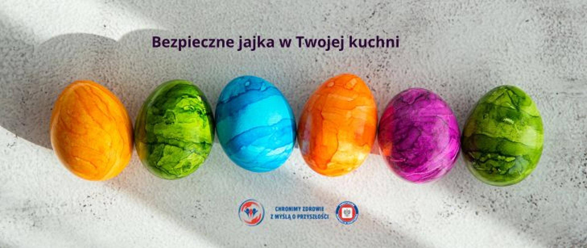 Na szarym tle sześć kolorowych pisanek. Od lewej: pomarańczowa, zielona, niebieska, pomarańczowa, fioletowa, zielona. Powyżej fioletowy napis Bezpieczne jajka w Twojej kuchni. Poniżej logo Państwowej Inspekcji Sanitarnej wraz z hasłem chronimy zdrowie z myślą o przyszłości. 