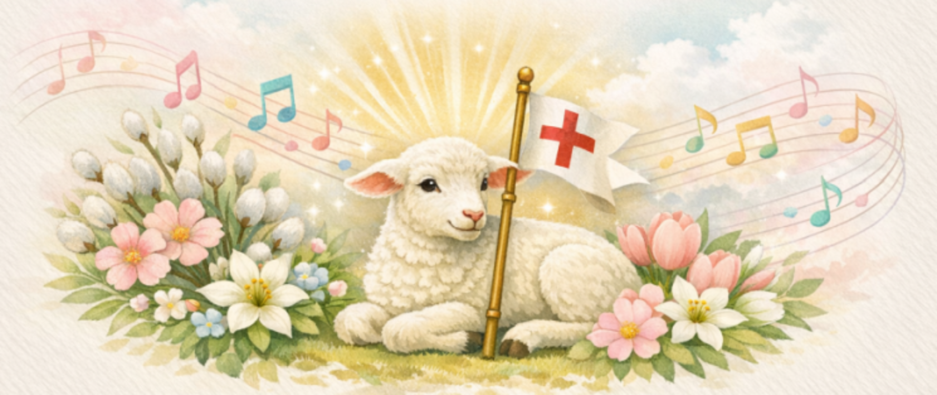 Obraz zawiera w centralnej części baranka paschalnego z czerwoną chorągiewką, otoczonego od dołu kolorowymi wiosennymi kwiatami i baziami, nad postacią baranka kolorowa pięciolinia z nutami w kształcie wstęgi, u samej góry napis w złotym kolorze - Niech zmartwychwstały Chrystus rozbrzmiewa w sercach jak pieśń nadziei, wszystko na jasnym pastelowym tle w odcieniu bursztynowym