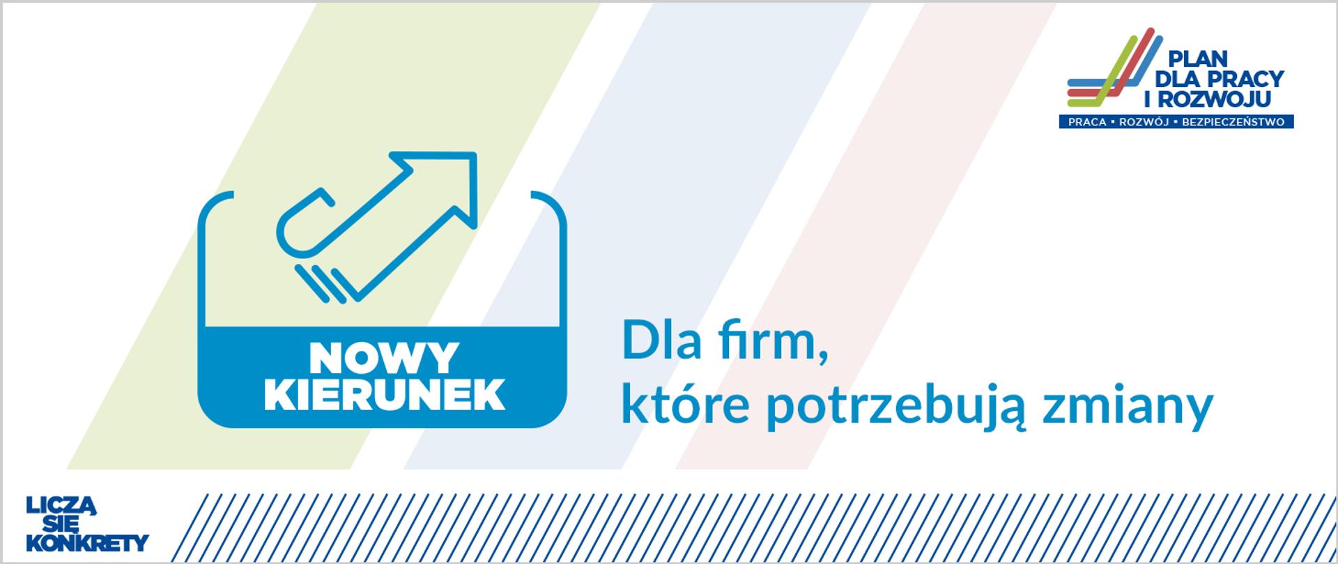 W centrum niebieska grafika z napisem: Nowy kierunek. Dla firm, które potrzebują zmiany. Z lewej na dole logo: Licza się konkrety. Z prawej na górze: Plan dla Pracy i Rozwoju