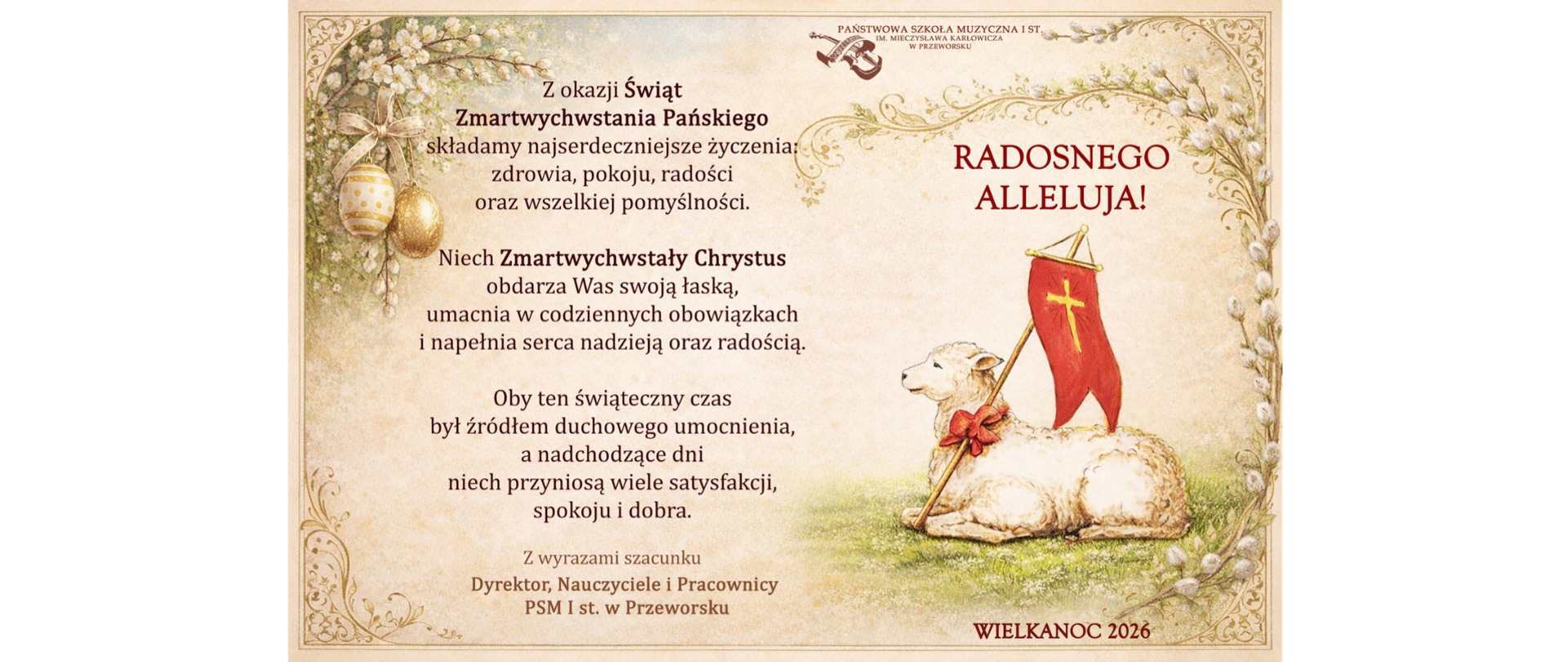 Wielkanocna karta życzeń 2026 od PSM w Przeworsku. Grafika z barankiem, pisankami i baziami w estetyce retro. Życzenia zdrowia i spokoju od dyrekcji oraz nauczycieli muzyki. Napis: Radosnego Alleluja! Wielkanoc 2026