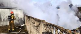 Strażak gasi pożar. Za płotem silne zadymienie.