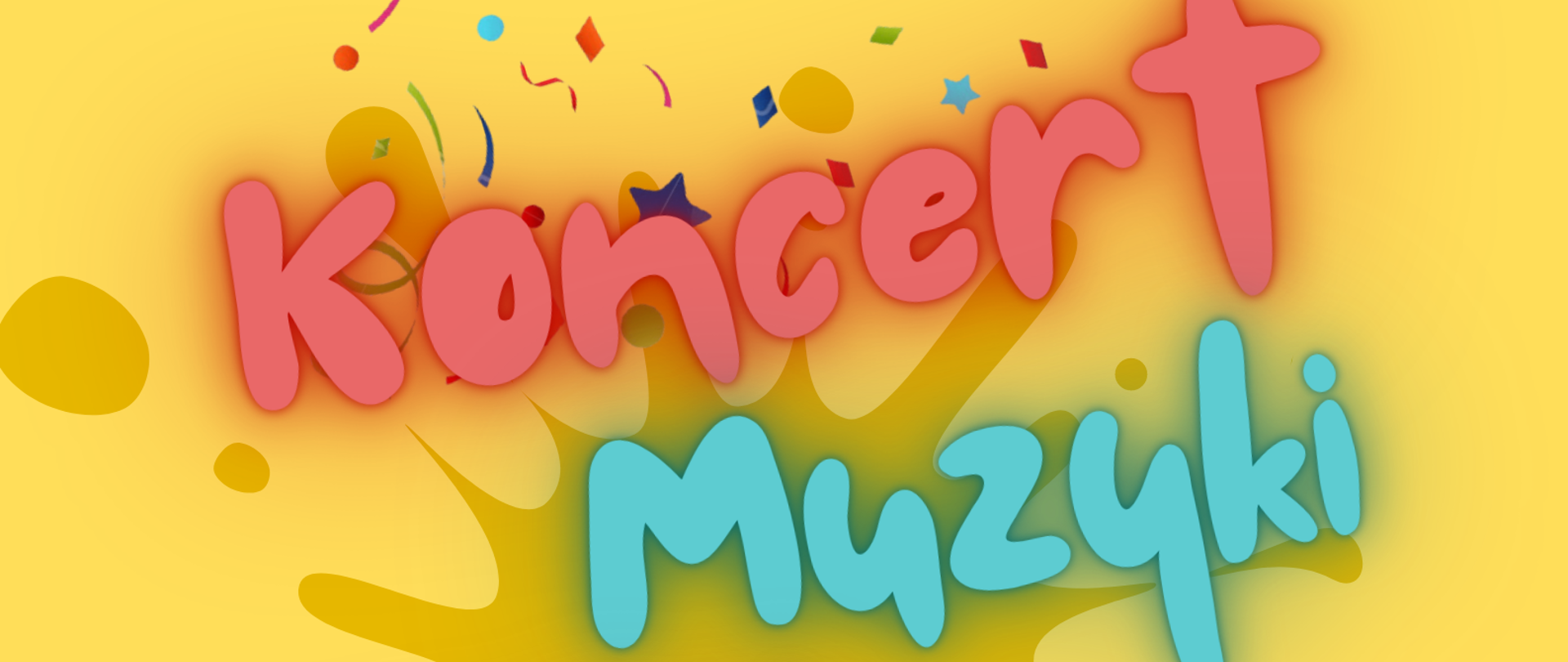 Plakat koncertu muzyki niepoważnej. W górnej części plakatu znajduje się czapeczka imprezowa, z której wysypuje się confetti. Poniżej Czapka błazna z dzwoneczkami. Żółte tło.