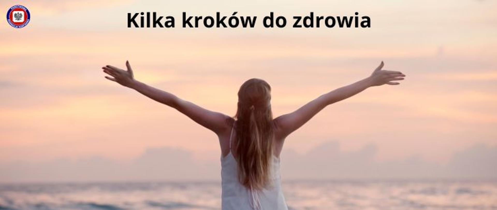 Nad morzem na tle zachodzącego słońca stoi dziewczyna z długimi włosami w letniej sukience z rozłożonymi rękami. Powyżej ciemny napis Kilka kroków do zdrowia. W lewym górnym rogu logo Państwowej Inspekcji Sanitarnej.