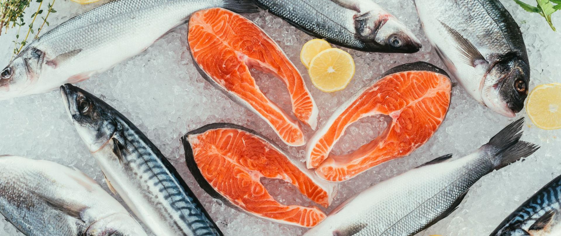 Na zdjęciu są ryby całe oraz w kawałkach. Są wyłożone na lodzie.