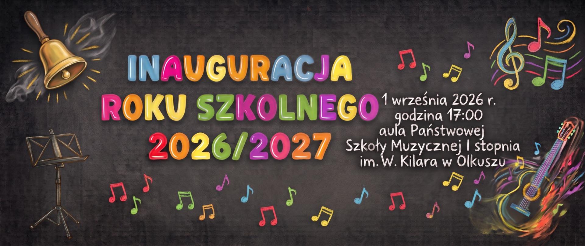 ciemne tło kolorowe napisy, kolorowe instrumenty muzyczne i nutki po bokach