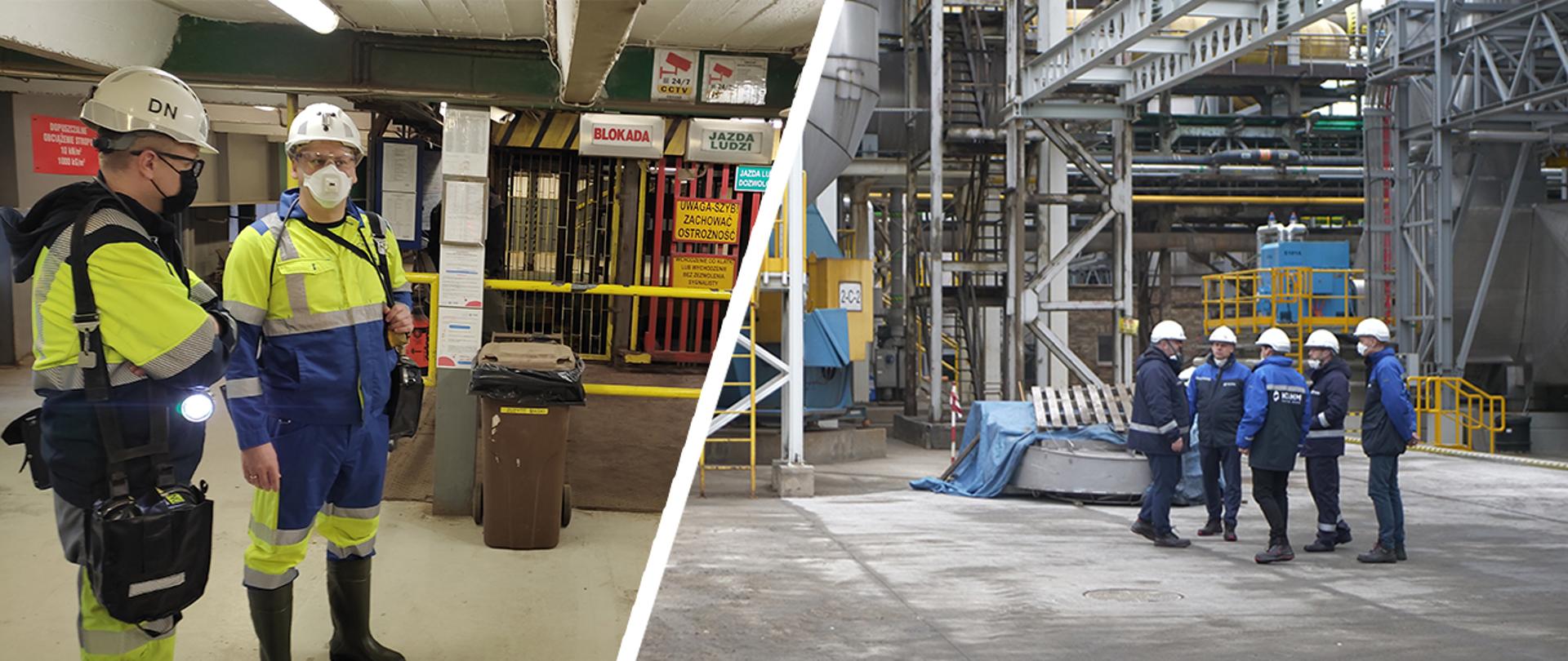Dwa zdjęcia łączone - na pierwszym wiceminister Karol Rabenda wraz z inną osobą w kaskach i kombinezonach, na drugim stoi pięć osób na terenie Huty Legnica