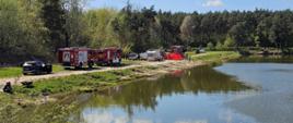 Służby ratownicze stoją nad brzegiem stawu.