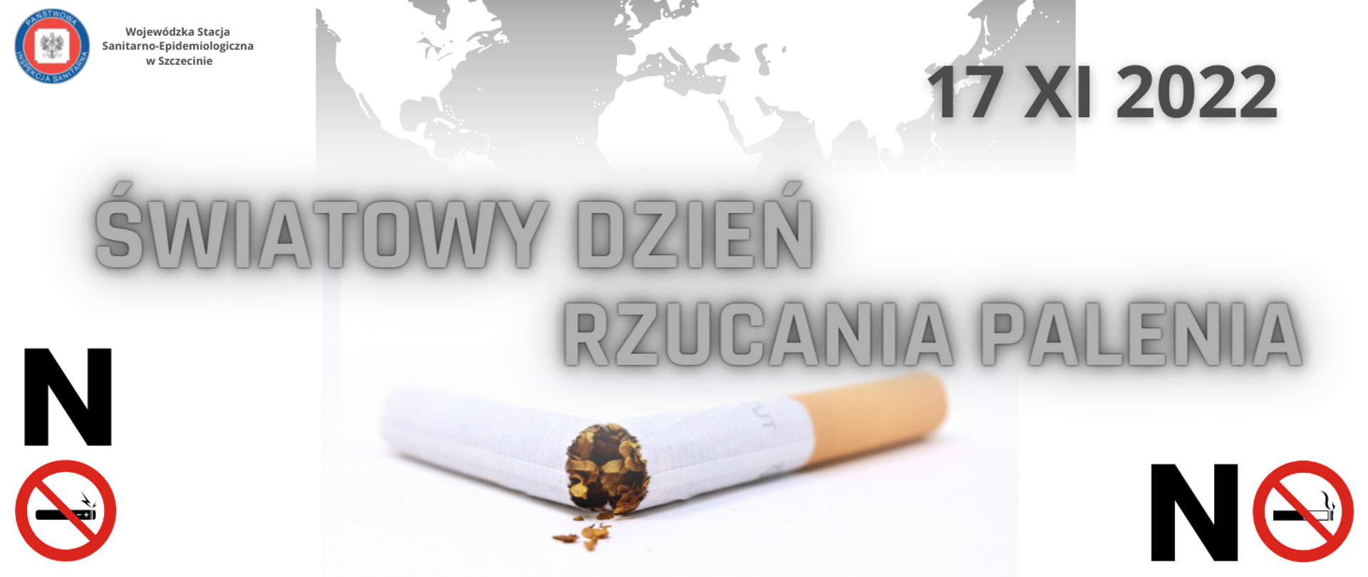 Hasło Światowy Dzień Rzucania Palenia, data 17.11.2022 oraz znaki zakazu palenia i używania e-papierosów