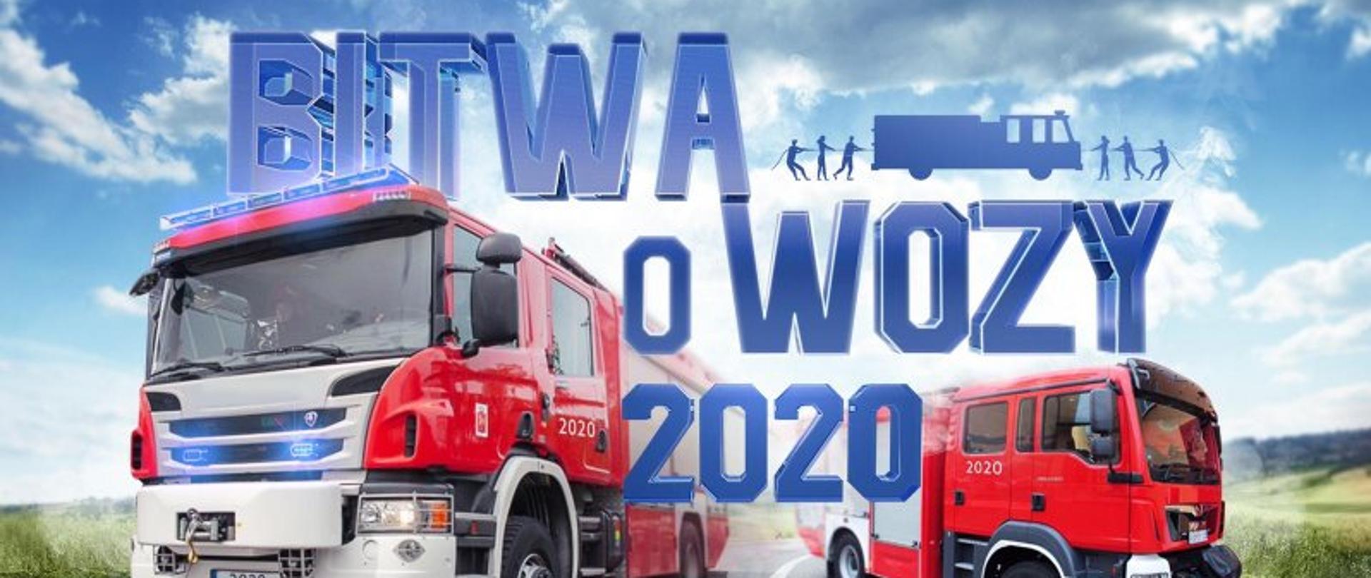 Plakat informujący o bitwie o wozy, na plakacie dwa wozy strażackie.