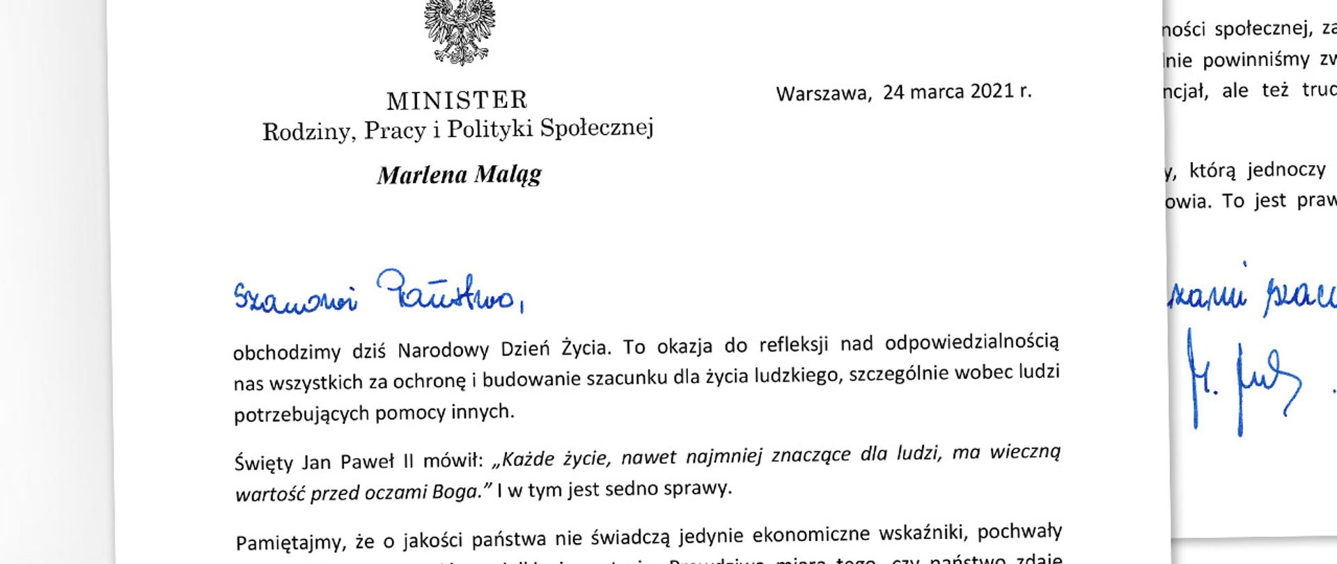 Minister Marlena Maląg - życzenia z okazji Narodowego Dnia Zycia