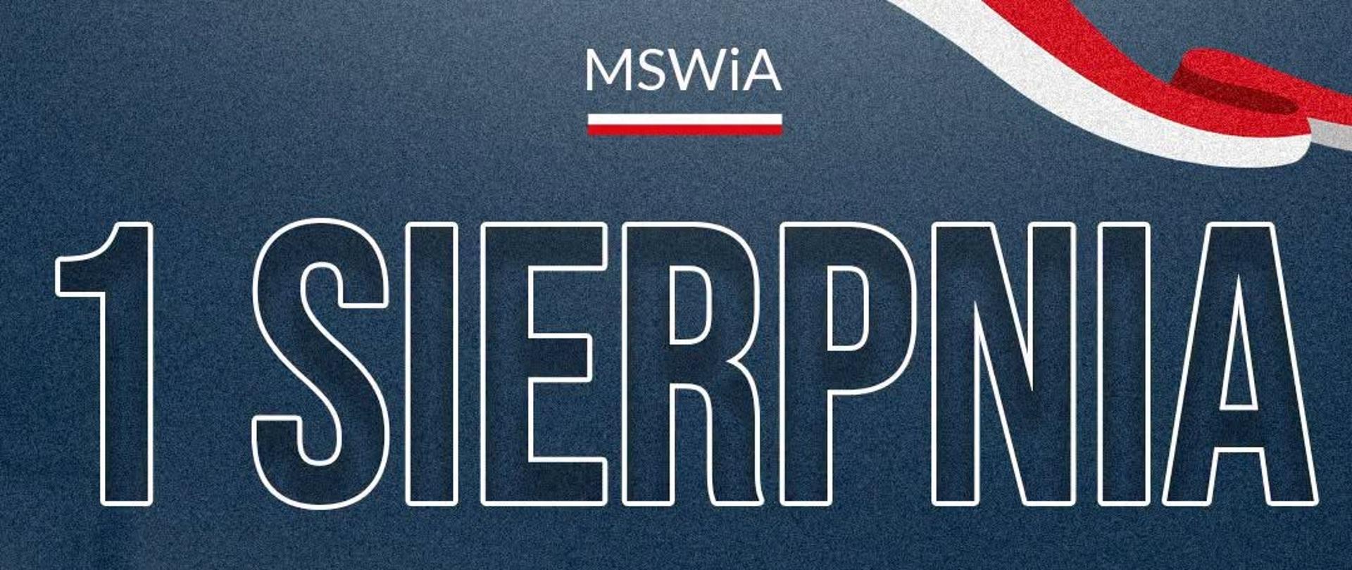 Grafika w granatowej kolorystyce z napisem „1 SIERPNIA” oraz tekstem „82. rocznica wybuchu Powstania Warszawskiego”. W tle znajduje się archiwalne, czarno-białe zdjęcie przedstawiające powstańców warszawskich. U góry widoczne jest logo MSWiA, a górną i dolną część grafiki zdobi biało-czerwona wstęga nawiązująca do barw Polski.