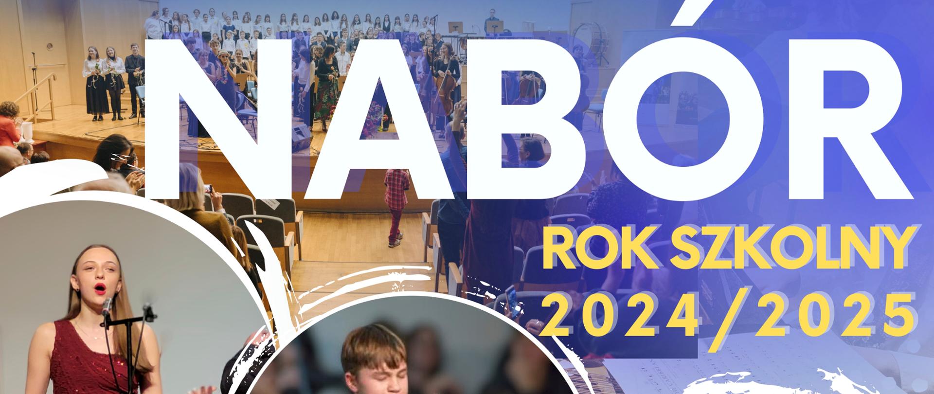 Grafika przedstawia afisz naboru do szkoły muzycznej. U góry logo i nazwa szkoły, w centralnej części zdjęcia w trzech okrągłych krążkach przedstawiające od lewej wokalistkę, trębacza i dwie skrzypaczki. Plakat w odcieniu granatowym, białe napisy, pod spodem tekst: dzień otwartych drzwi 11 maja 2024 roku, oraz biały tekst:nauka w szkole jest bezpłatna.