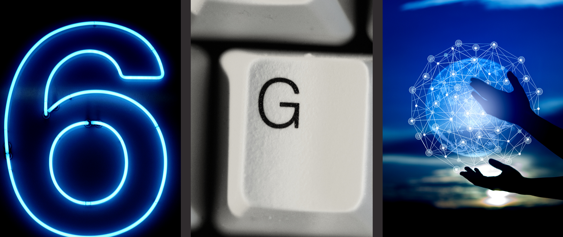 Kompilacja obrazków - cyfry 6, litery "g" oraz grafiki przedstawiającej łączność