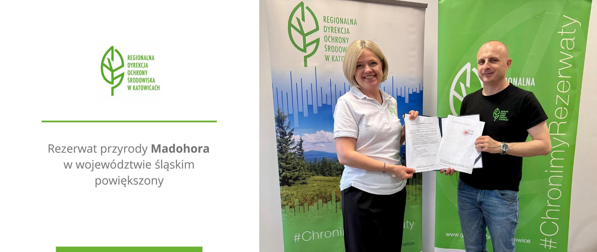 Mirosława Mierczyk-Sawicka, Regionalna Dyrektor Ochrony Środowiska w Katowicach i Przemysław Skrzypiec, Z-ca Regionalnego Dyrektora Ochrony Środowiska w Katowicach i Regionalny Konserwator Przyrody z podpisanym zarządzeniem