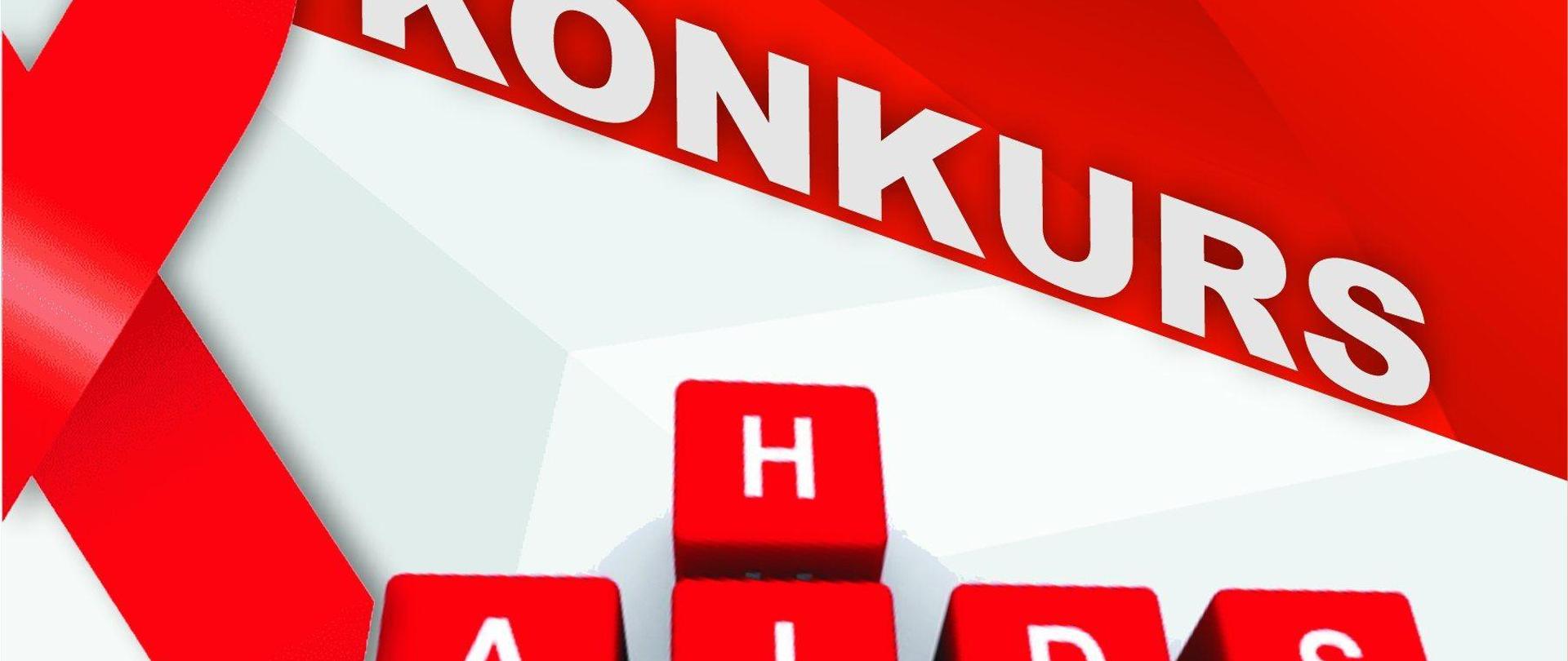 Grafika w kształcie kwadratu podzielonego dwoma kolorami, czerwonym i białym. Po lewej stronie fragment czerwonego kotylionu, a na środku tekst: poziomo AIDS, pionowo HIV, osadzony na kostkach do gry, sprawiających wrażenie trójwymiaru. Na górze biały napis KONKURS wtopiony w czerwone tło.