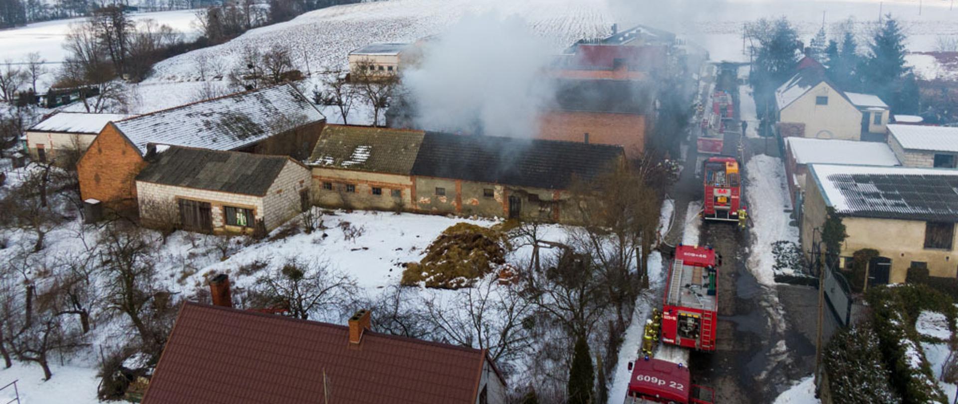 Na zdjęciu samochody ratowniczo gaśnicze oraz paląca się obora