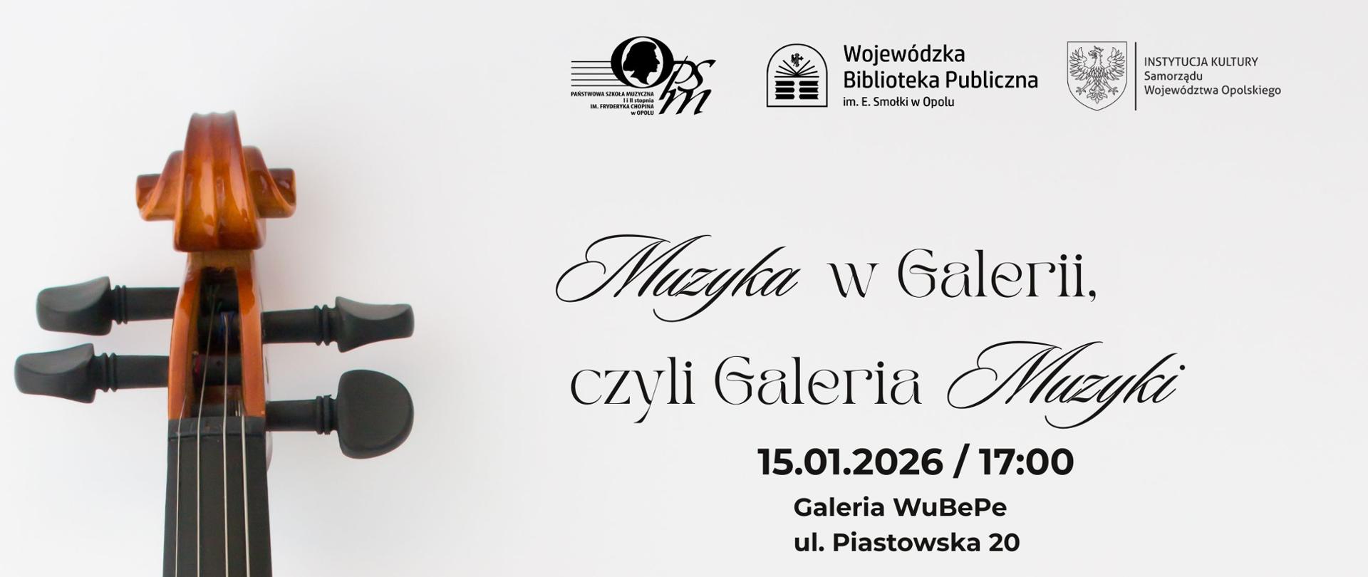 jasny plakat przedstawiający grafikę pudła rezonansowego skrzypiec po lewej stronie, w górnej części logotypy Szkoły, Wojewódzkiej Biblioteki Publicznej oraz Instytucji Kultury Samorządu Województwa Opolskiego, w centralnej części informacja o wykonawcach, dacie, godzinie oraz miejscu koncertu, w dolnej części logotypy patronów medialnych: Radio Opole, Radio DOXA, Nowej Trybuny Opolskiej, TVP 3, ecovision.tv, portalu informacyjnego opowiecie.info oraz o!polska, Tygodnik Krapkowicki i Twoje Media