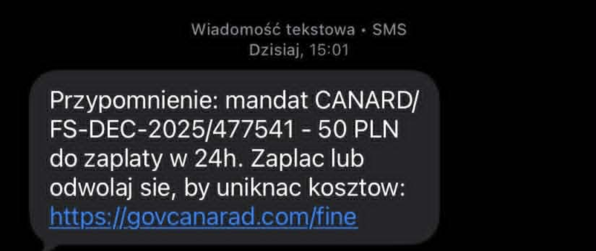 Screen wiadomości z treścią podszywającą się pod CANARD z nazwą w treści CANARAD

