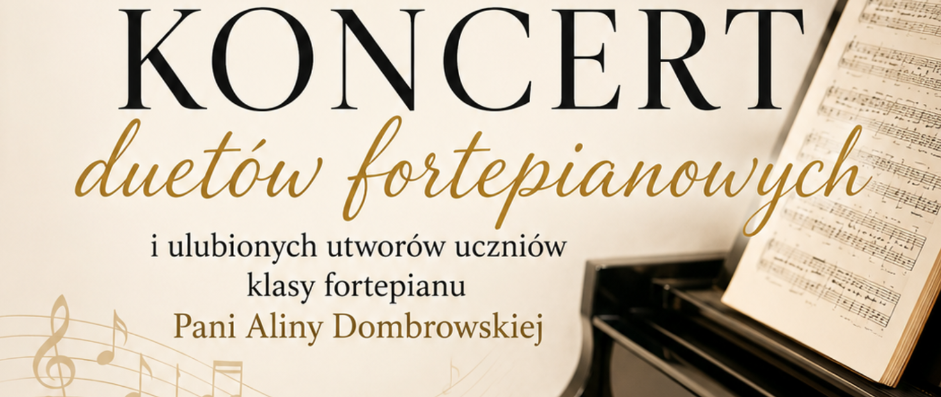 Na beżowym tle z prawej strony fragment zdjęcia, na którym widać fortepian z nutami. Gdzieniegdzie grafiki pięciolinii z nutami. Treść ogłoszenia: Koncert duetów fortepianowych i ulubionych utworów uczniów klasy fortepianu Pani Aliny Dombrowskiej. 